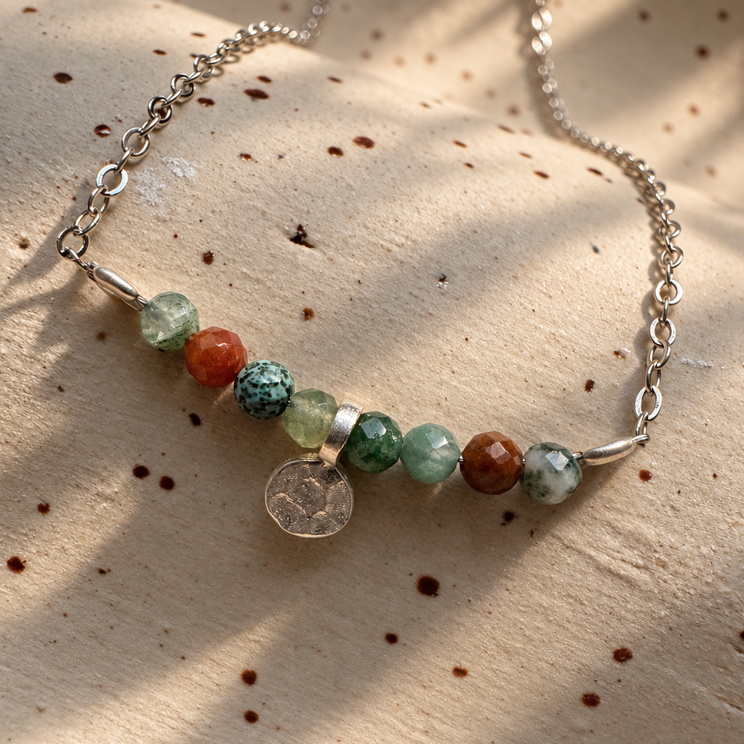 TERRA Halskette mit natürlichen Achatsteinen und Kette sowie Anhänger aus 925er Sterlingsilber